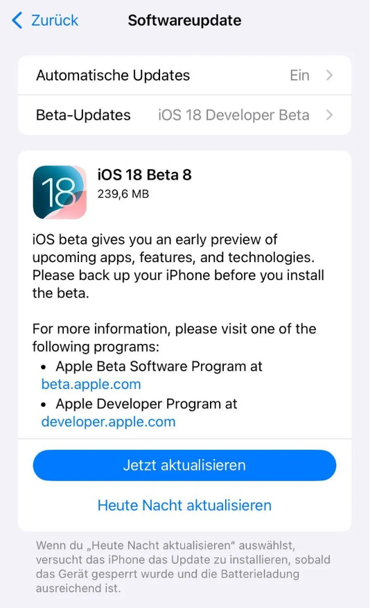 崇阳苹果手机维修分享苹果 iOS / iPadOS 18 开发者预览版 Beta 8 发布 